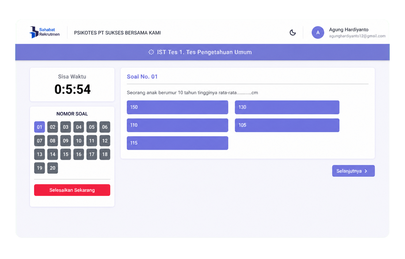 Mockup layar psikotes online Sahabat Rekrutmen dengan timer, nomor soal, dan pilihan jawaban